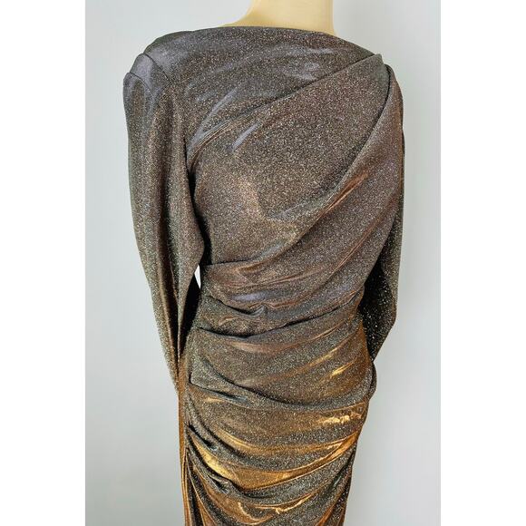 Betsey & Adam Size 14 Cape Sleeve Drape Metallic Evening Gown Taupe Modest $258 - Picture 6 of 14